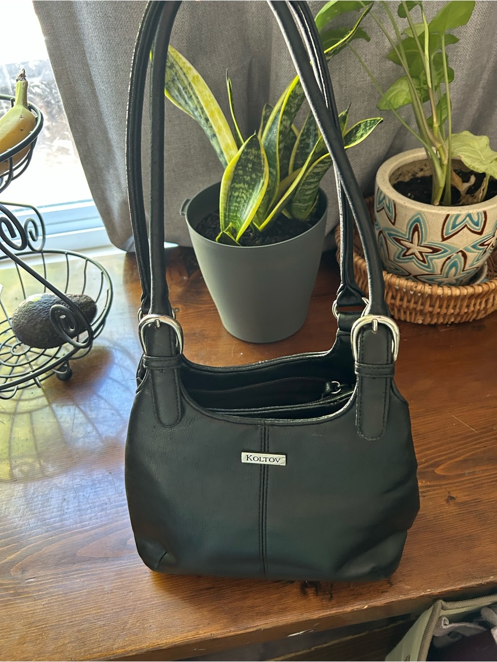 Koltov Black Leather Shoulder Bag with Dual Handles
